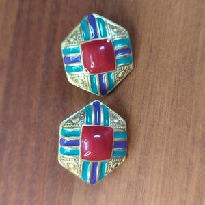 ♥️ Vintage Rare design red teal purple clip on earrings geometric enamel